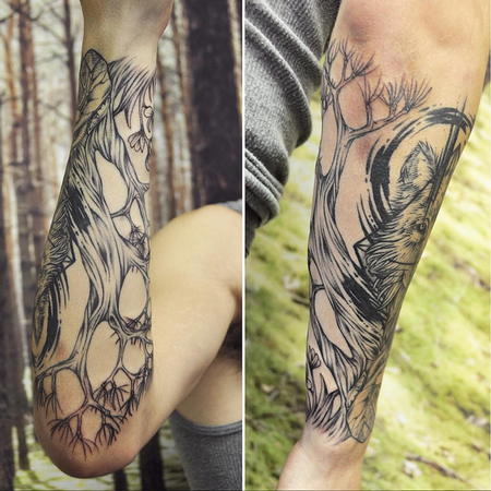 Tattoos - Black and Gray Bonsai Tree Wrapping to Geometric Wolf- Instagram @michaelbalesart - 121909